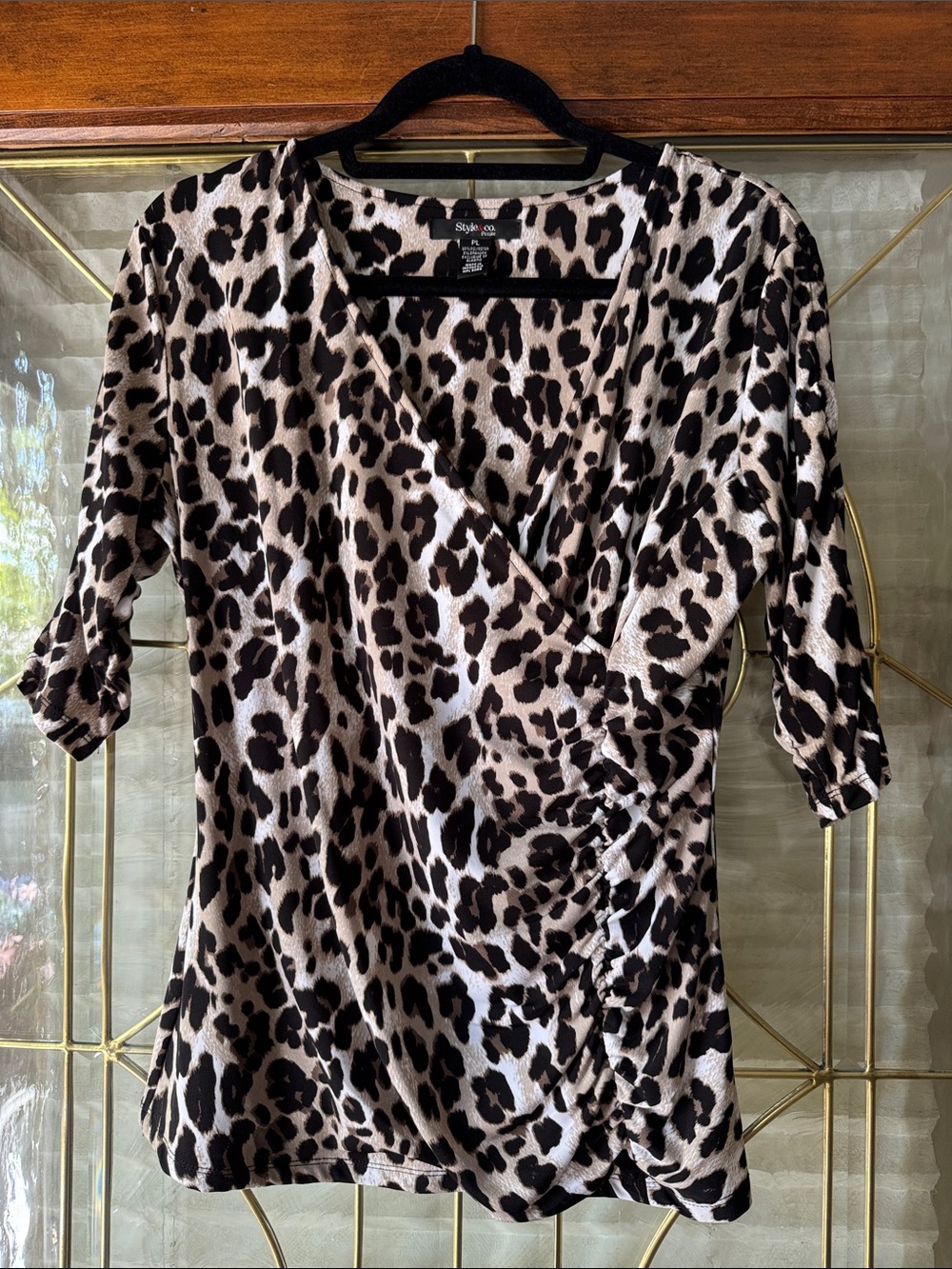 Leopard Print Wrap-Front Blouse in Beige and Black